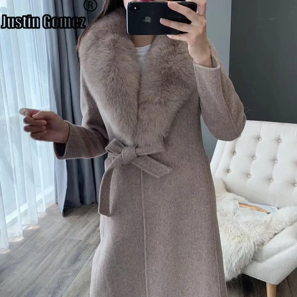 Пальто женское кашемировое с воротником из натурального Лисьего меха на
