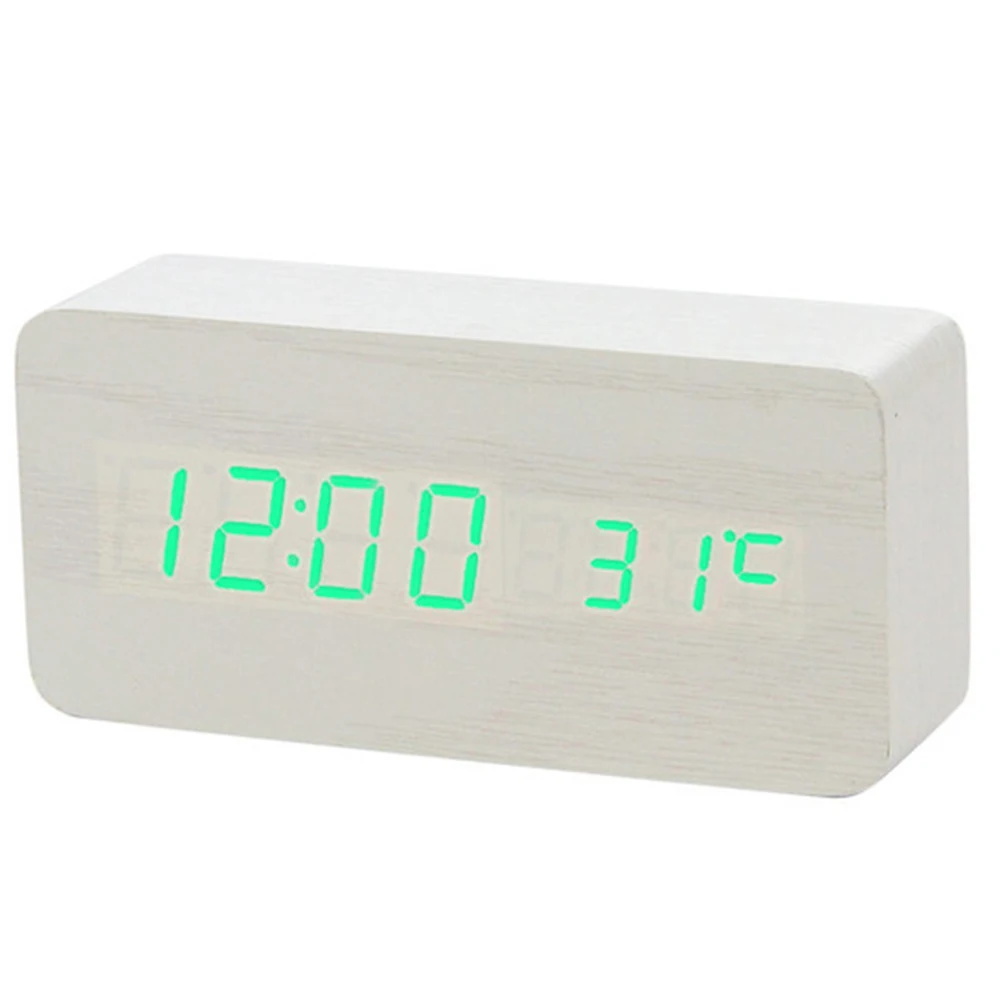 

Multicolor Sound Control Wooden Wood Square LED Alarm Clock Desktop Table Digital Thermometer Wood USB/AAA Date Display