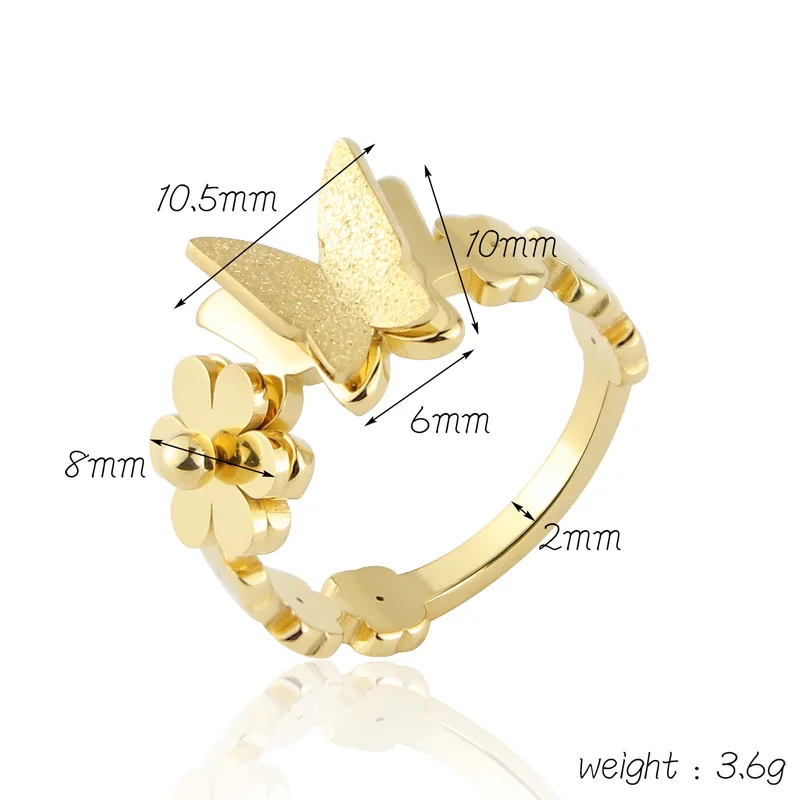 Кольцо женское из нержавеющей стали с цветком и матовой бабочкой | Украшения