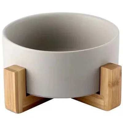 gray Wooden shelf Керамическая приподнятая миска для кошек, основная миска для еды, воды, собаки с противоскользящей деревянной подставкой, защита шеи, суставы для домашних животных, миски для кормления, легко очищаемые - Цвет: gray Wooden shelf