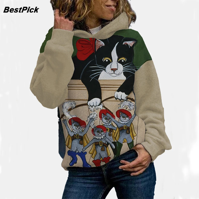 

2020 Autumn Cute Cat Print Women Hoodies Thick Warm Long Sleeve Hooded Sweatshirts Plus Size Casual Winter Tops
