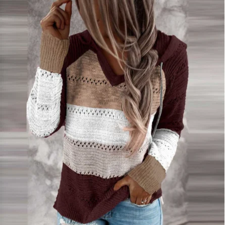

Patchwork Long Sleeves Hooded Sweater Striped Cardigan Blouse Fashion Women Casual Tops abrigos mujer invierno 2020 kardigan