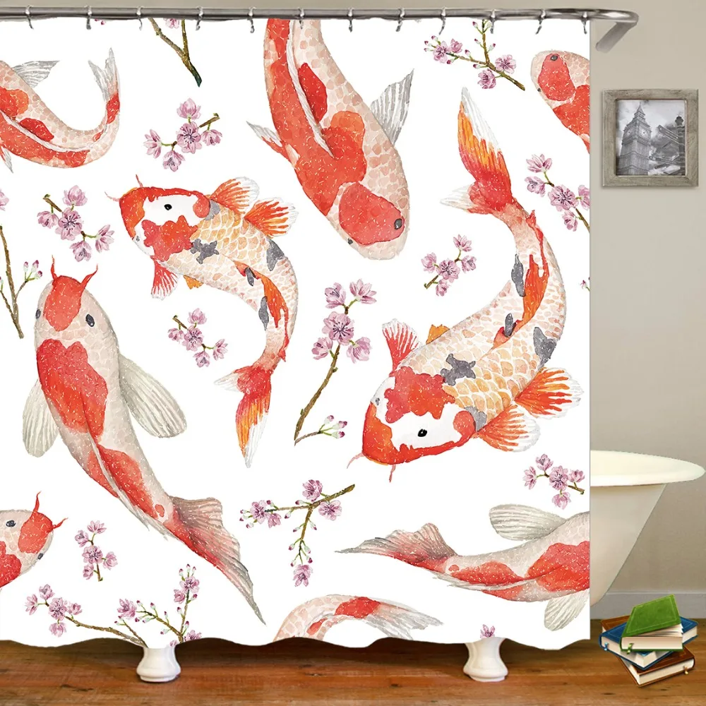 

Japanese Style Flower Pattern Shower Curtain Set Goldfish And Flower Branch Bathroom Curtain Curtains For Room Home Dorm Decor