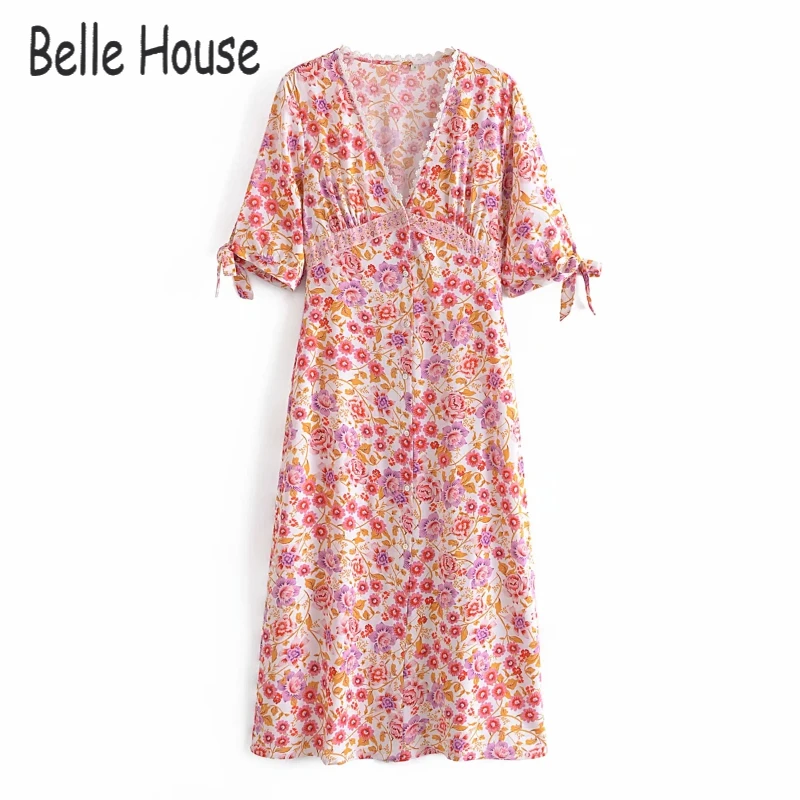 

Fashion Women Floral Print Deep V-Neck Sashes Sweet Bohemian Holiday Beach Midi Ladies Sleeve Boho Happie Dresses Vestidos