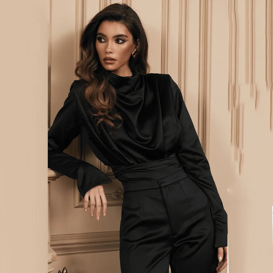 

Zoulv 2021 Spring One-piece Briefs Silky Satin Temperament Pile Pile Collar Shirt Pleated Sexy Backless Elegant Lady Blouse Top