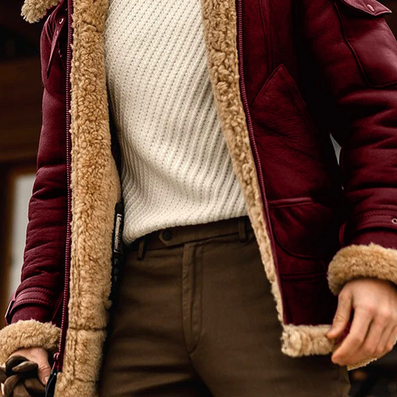 Мужская мягкая кожаная куртка с меховым воротником длинным рукавом | одежда