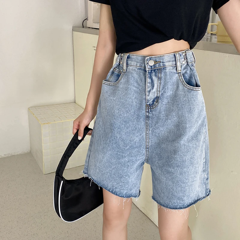 

Ailegogo Vintage Women Wide Leg Adjustable Waist Tassel Denim Shorts Summer Streetwear Female Loose Retro Ladies Jeans Shorts