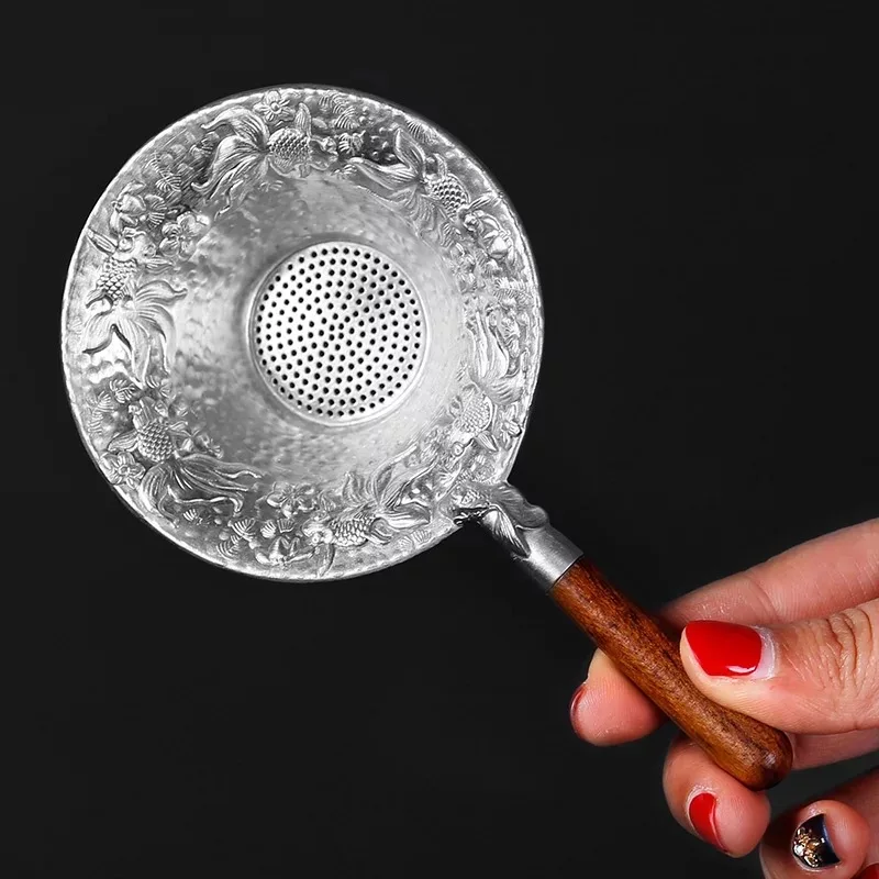 Embudo de esta&ntilde;o hecho a mano de estilo japon&eacute;s, utensilio para Ceremonia de t&eacute;, filtro de madera negra, polvo, malla met&aacute;lica, accesorios para t&eacute;-2
