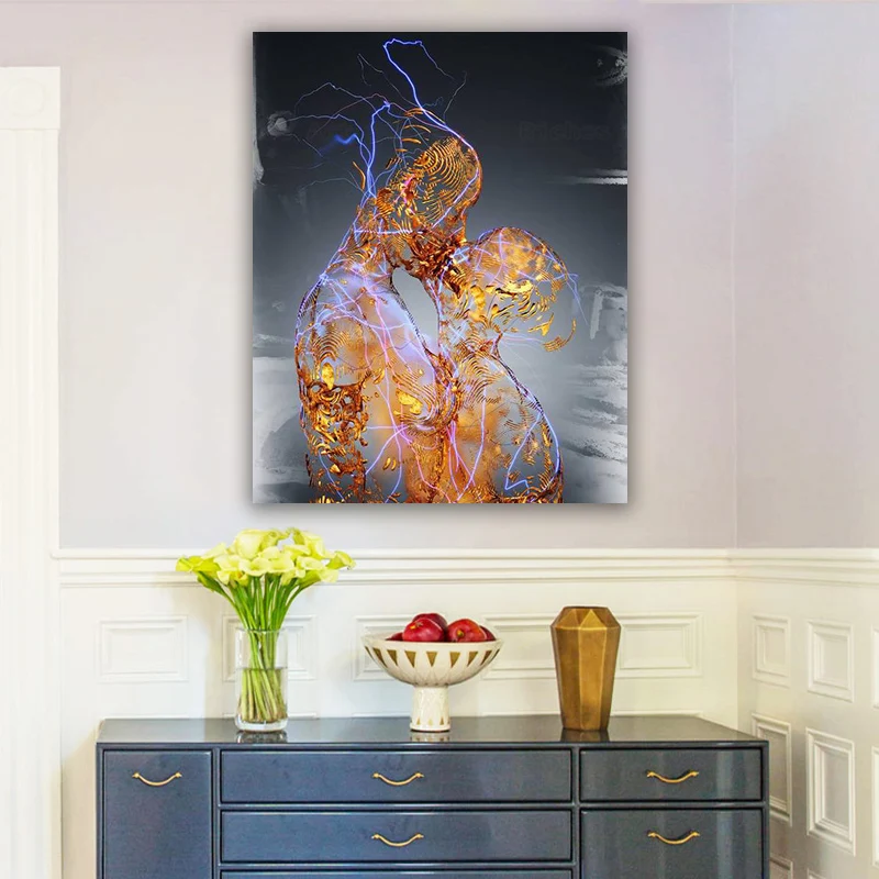 

Lover Metal Kiss Portrait Home Decoration Abstract Line Gold Canvas Painting Wall Art Posters and Print for Living Room Frames
