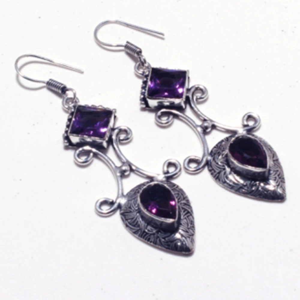 

Amethysts Silver Overlay on Copper Earrings Hand made Women Jewelry Gift