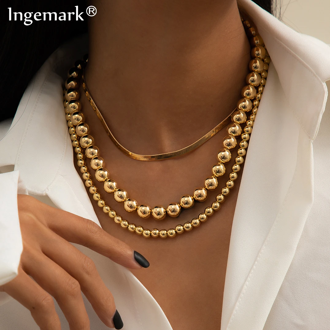 

3Pcs/Set Vintage Flat Filmy Snake Chain Necklace Collar Punk Big Acrylic CCB Beaded Soft Link Choker Necklaces Men Neck Jewelry