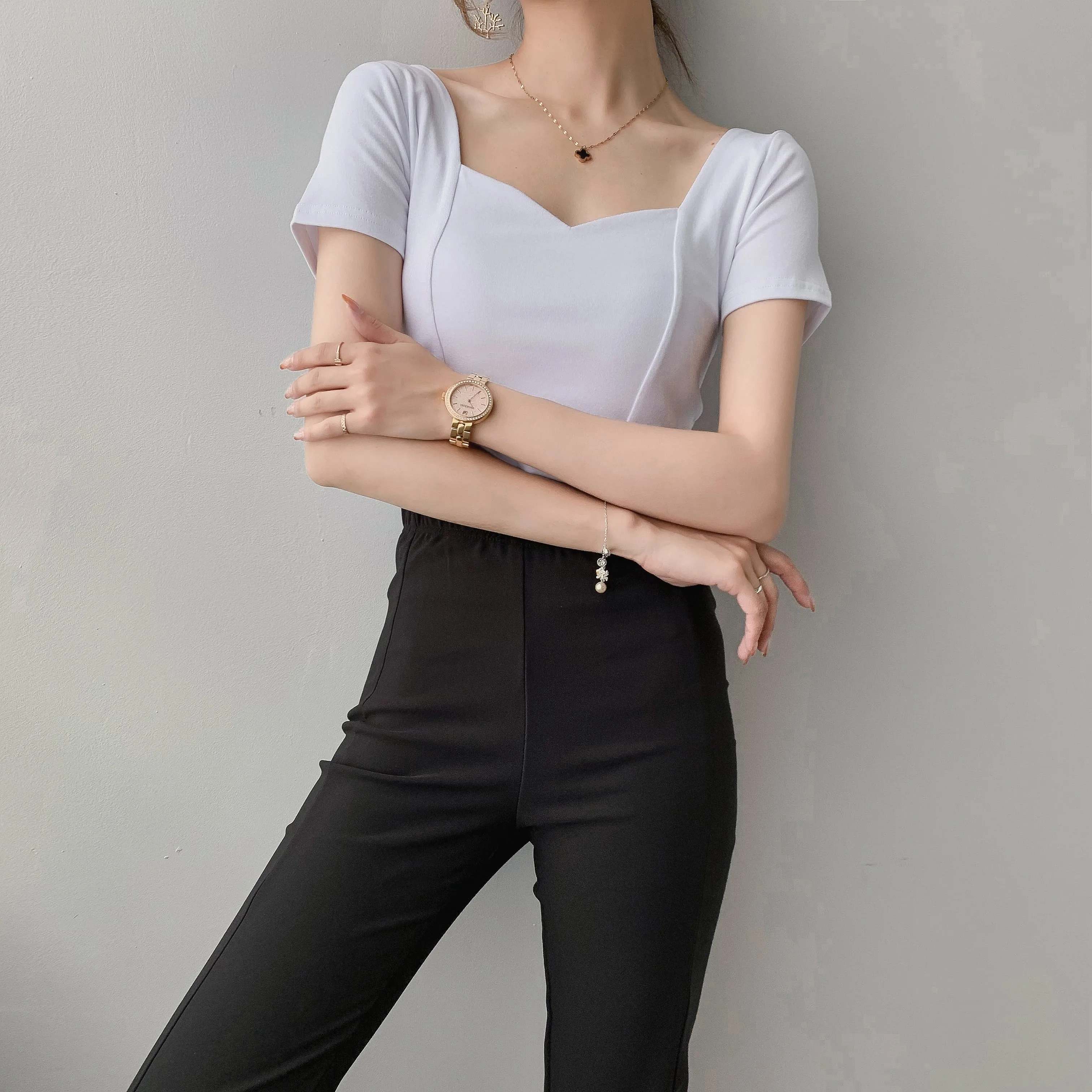 

Solid Cotton Square Collar Lady T-shirts High Street Fashion Backless Skinny Elastic Women Crop Tops Summer Female Short Top
