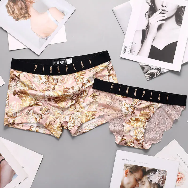 New Couple Panties Set Sexy Lace Underwear Ice Silk Fabrics Couple Underwear Men's Boxers Women's Underwear Love's Underpants