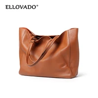 ellovado cowhide genuine leather women tote bag handbag casual female luxury simple fashion shoulder bag lady shoulder bag