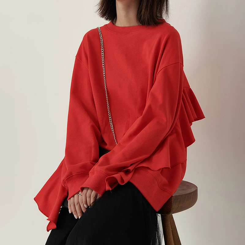 TWOTWINSTYLE корейский гофрированный женский свитер с круглым вырезом и длинными