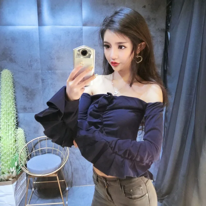 

slash neck Women's Clothing crop top ruffles shirts fashion IdoneIT brands off shoulder sexy tops club vestidos femininos new