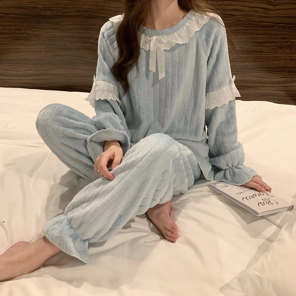 

Autumn Winter Warm Coral Fleece Velvet Pyama Woman Set Korean Cute Lace Splicing Bow Stitch Ruffle Pijama pyjama velours femme