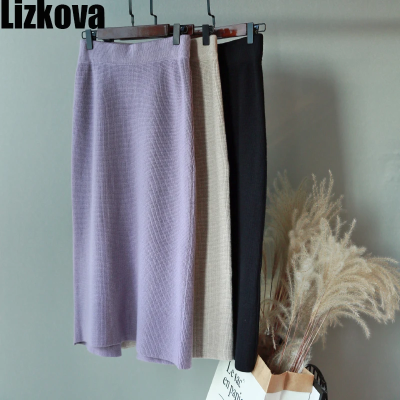 

Lizkova Knitted Pencil Skirt Women High Waist Split Midi Skirt Winter 2020 Ladies Elegant Official Jupes TK815