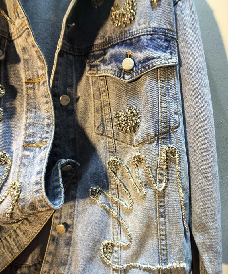 

2021 Spring New Jeans Jacket Coat for Women Rhinestone Loose Denim Jackets Top Woman Casual Jean Coats Outwear Female Chaqueta
