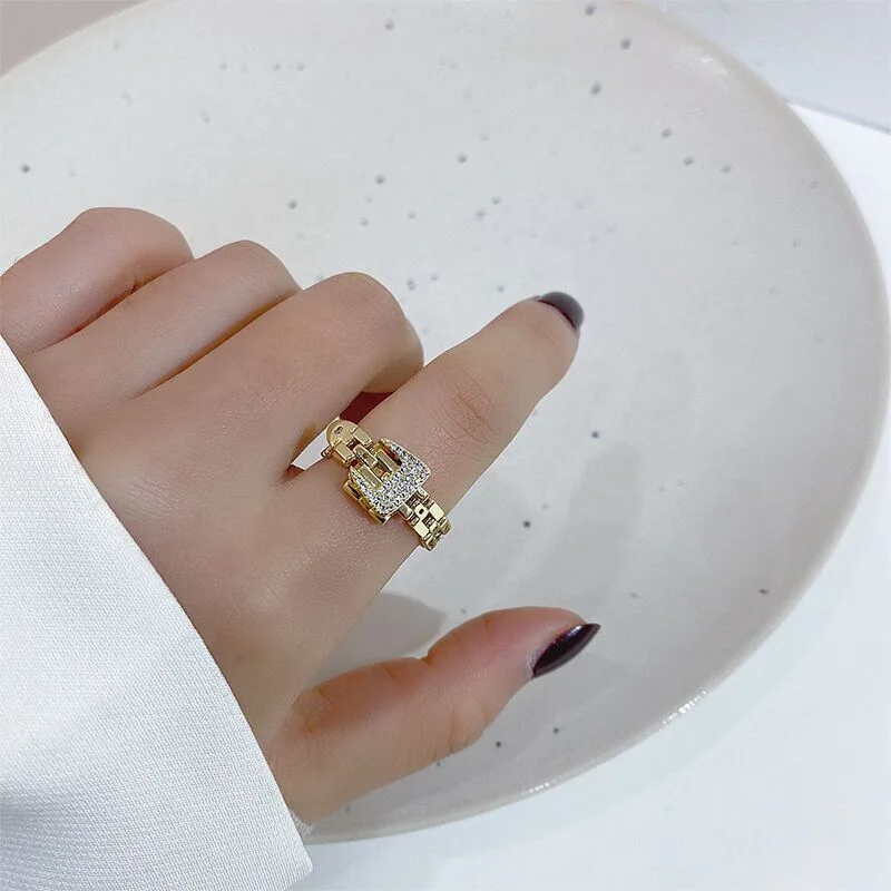 Crystal Bling Zircon Belt Buckle Rings Metal Adjustable Chain Ring Luxury Statement Finger for Women Fashion Jewelry Gifts | Украшения и