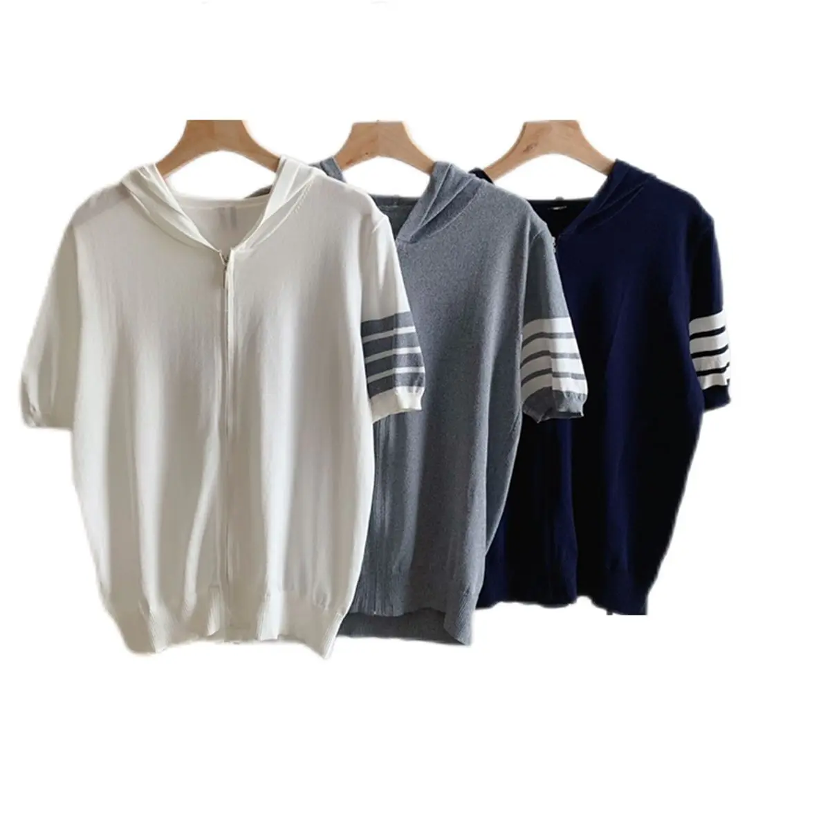 

Juice Snow 2021 New Summer Hoodie Zipper Women Knit T-Shirt Men TB Stripped Short-Sleeved Zipper Hoodie Thin Cardigan Tops Tees