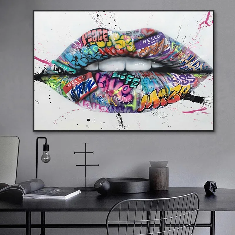 

Modern Sexy Red Lip Street Graffiti Art Posters And Prints Hello Kiss Beauty Canvas Painting Wall Picture For Living Room Decor