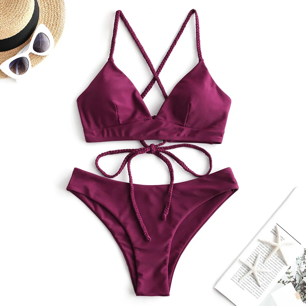 

ZAFUL Braided Lace Up Padded Bikini Swimsuit Wire Free Solid Color Swimwear Padded Two Pieces Bathing Suit 2020 Fashion Summer