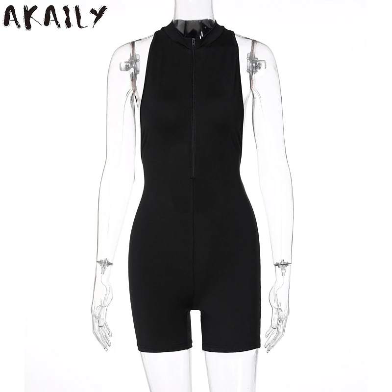 

Akaily Summer Streetwear Short Rompers Women Jumpsuit Sleeveless Zipper Hollow Out Backless One Piece Outfit Women Jumpsuit 2021
