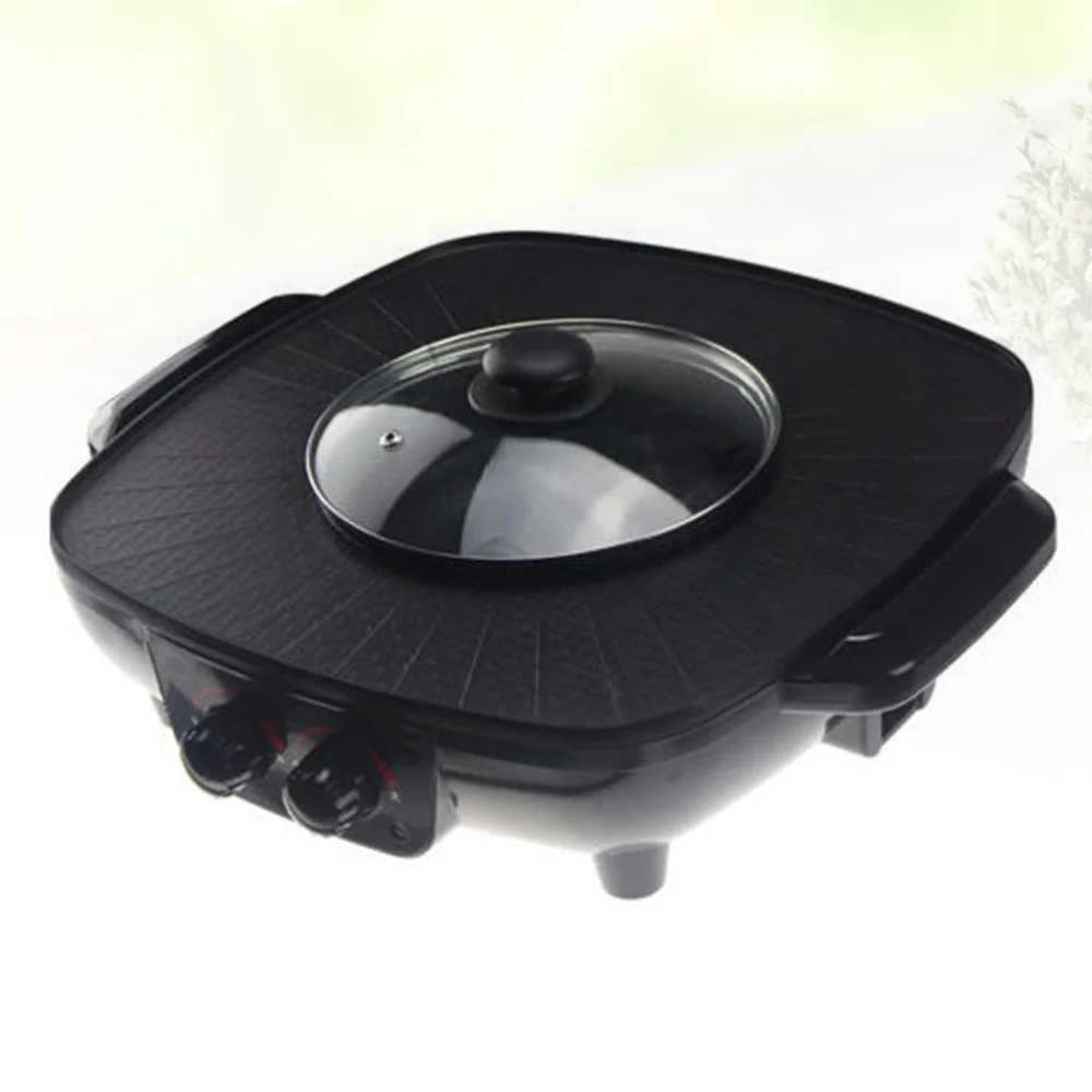 

Double Control Roasting Pot Electric Barbecue Hotpot Oven Grill Teppanyaki Smokeless Hot Pot Machine BBQ Black Pot with Triangle