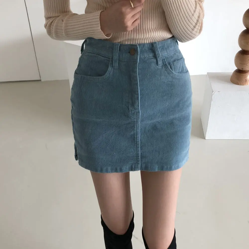 

Alien Kitty 2020 New Fashion Mini Skirts Womens Vintage Corduroy Split Blue Sexy Clubwear High Waist Pencil Bodycon Skirt Female