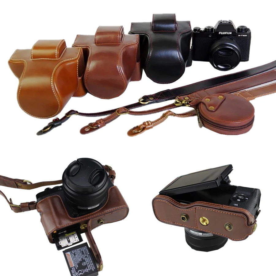 

New Luxury PU Leather case Camera bag For Fujifilm X-T100 Fuji XT100 X-T200 XT200 Cover With Battery Opening +shoulder strap