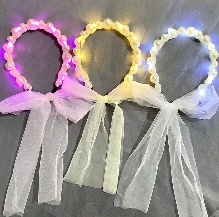 

Light Up Beaded Pearl Headband LED Hairband Party Glowing Hair Hoop Headwear Tiara Headpieces with Veil 10pcs/lot