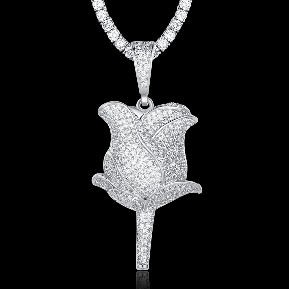 

100% Micro Zircon Hip Hop Romantic Rose Flower Pendant Necklace For Men Jewelry CZ Rapper Jewelry Dropshipping Factory Prices