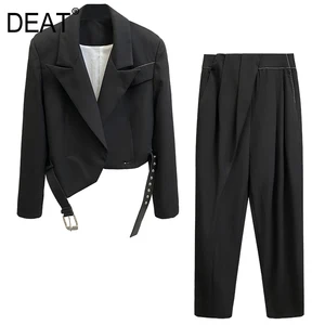 Женский брючный костюм с поясом DEAT, асимметричный дизайнерский пиджак с длинным рукавом и повседневные Модные брюки, WO32801L, весна 2021