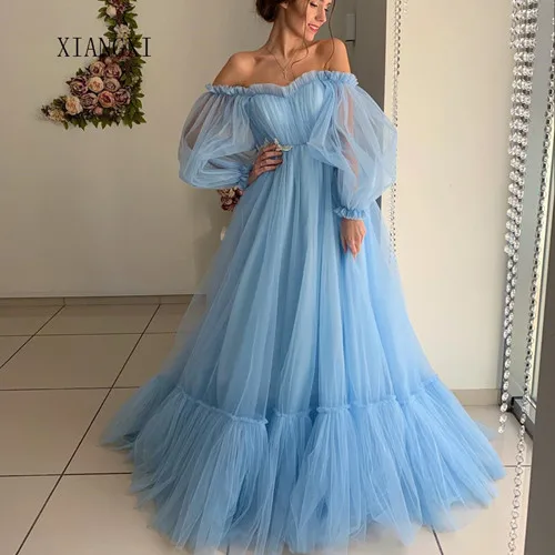 As image sky blue Очаровательное небесно-голубое вечернее фатиновое бальное платье с v-образным вырезом и аппликацией без рукавов vestido de festa Longo - Цвет: As image sky blue