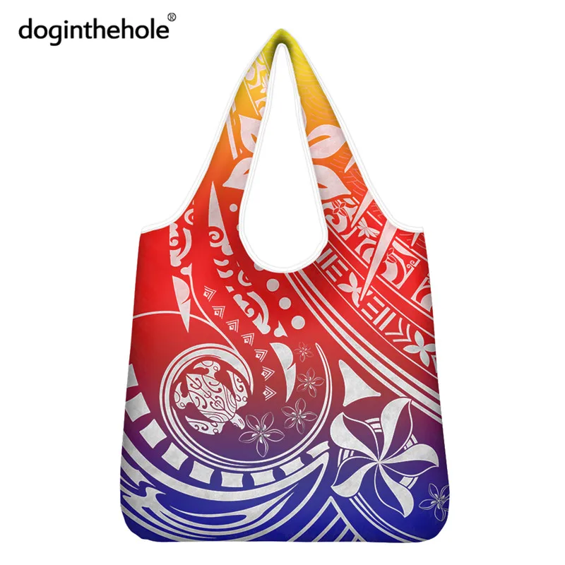 

Doginthehole Sea Turtle Polynesian Vintage ECO Bags Gradient Color Fashion Shopping Totes Plumeria Large Storage Shopper Sac