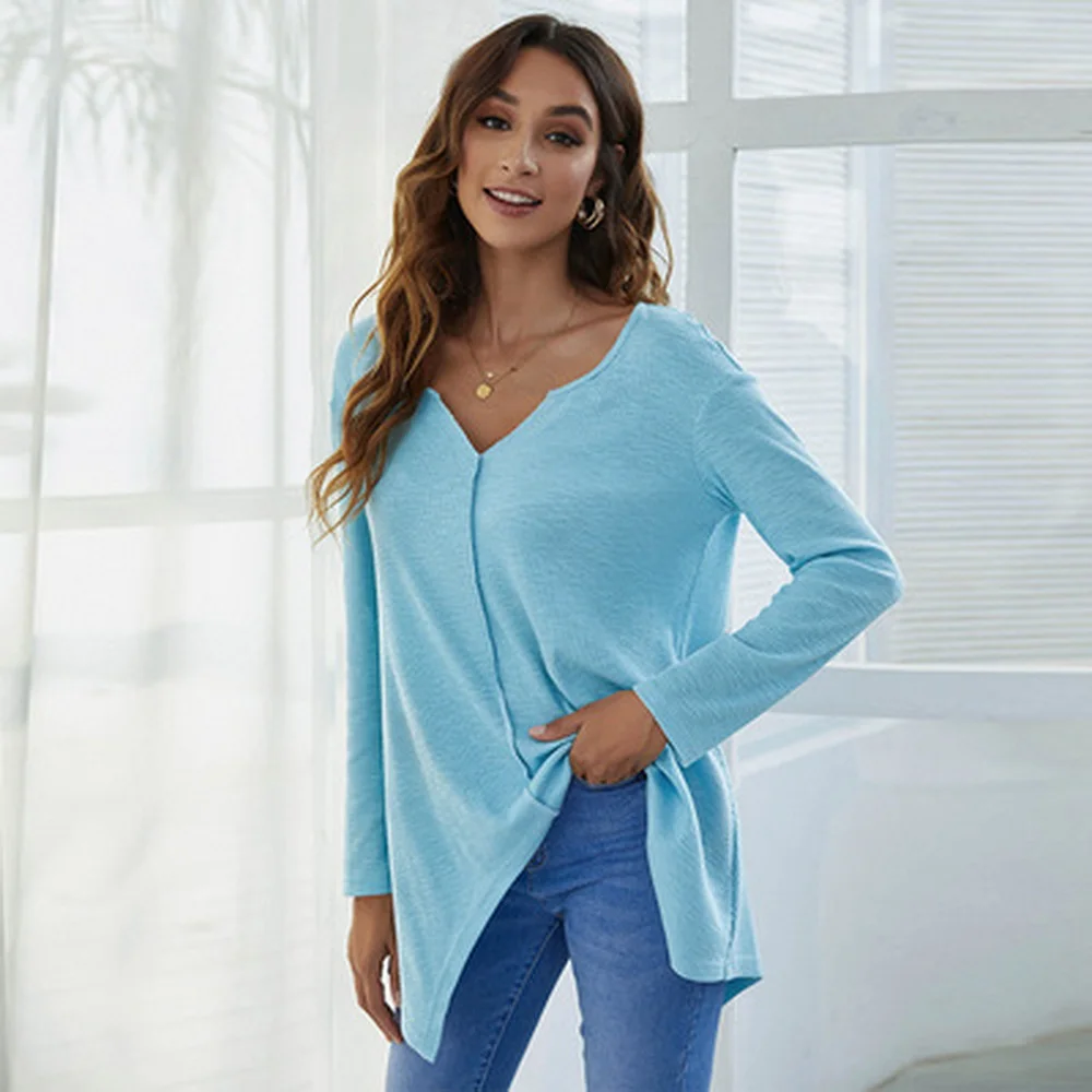 

Slub cotton casual irregular V-neck fashion long-sleeved T-shirt autumn winter women's clothing Pullover sheines official shop