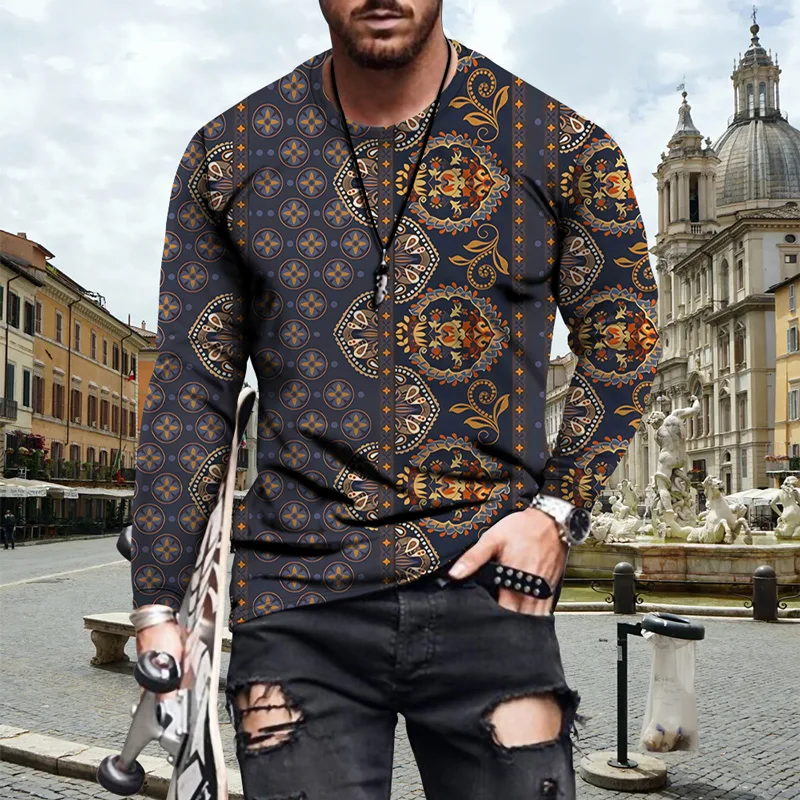 

Pop Long Sleeve T Shirts Men Vintage Oversized Fashion Harajuku Ethnic Style Print O-Neck Graphic Punk Streetwear Male T-Shirts