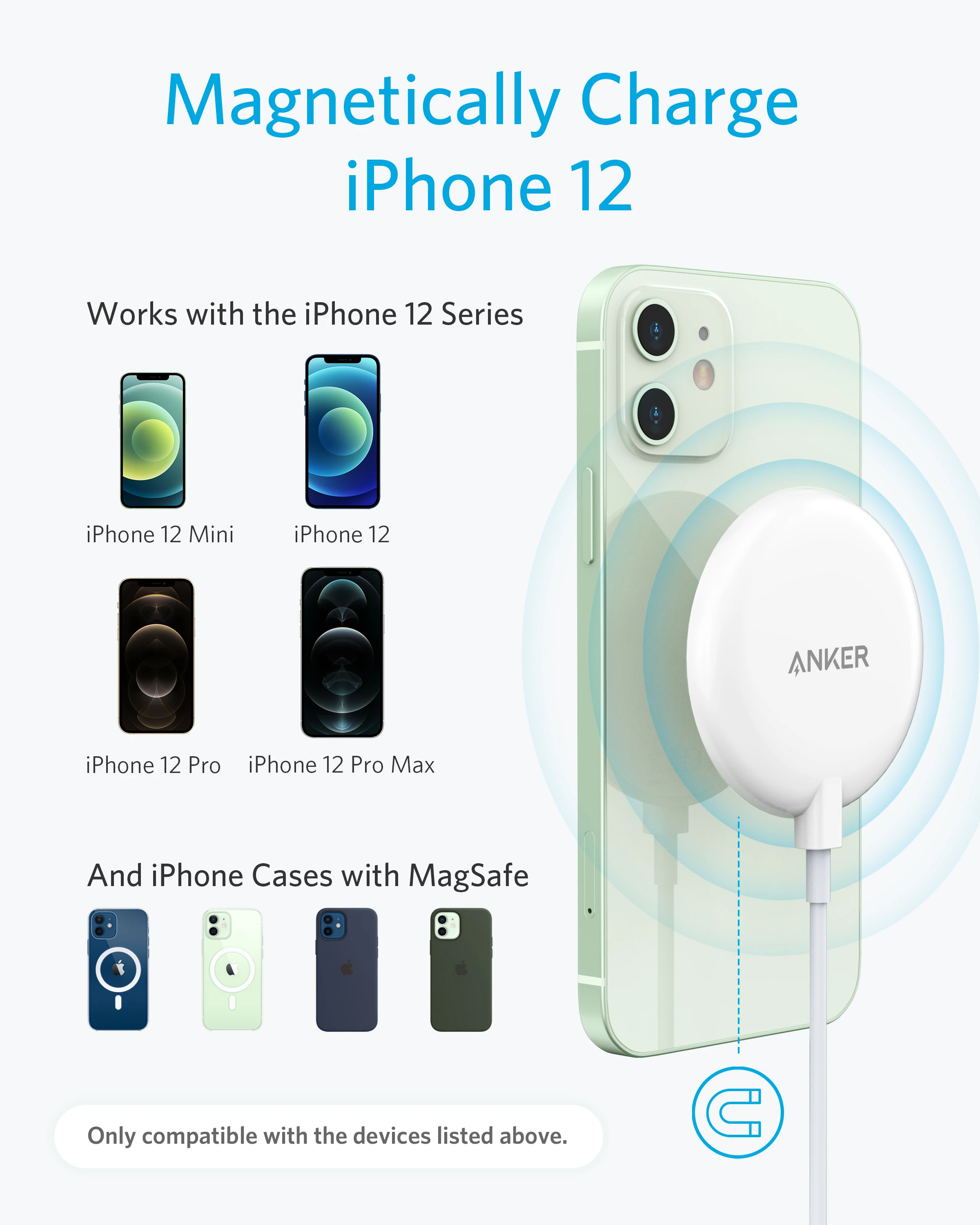 anker magnetic wireless charger with 5 ft built in usb c cable，powerwave magnetic pad lite only for iphone 12no ac adapter free global ship