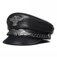 new german military cap man genuine leather flat top hat korean fashion eagle mark chain punk locomotive casquette male
