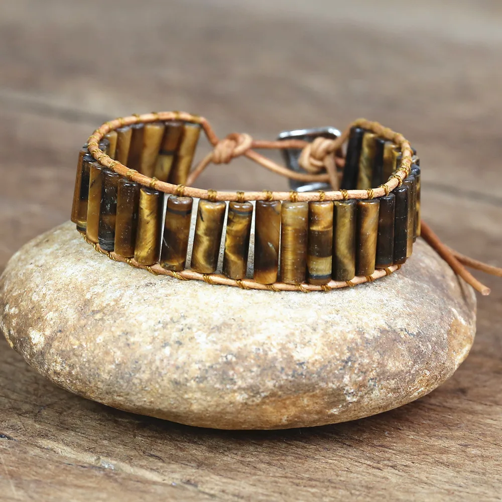 Цилиндрический тигровый глаз камень бусины нить оберточный браслет для женщин и