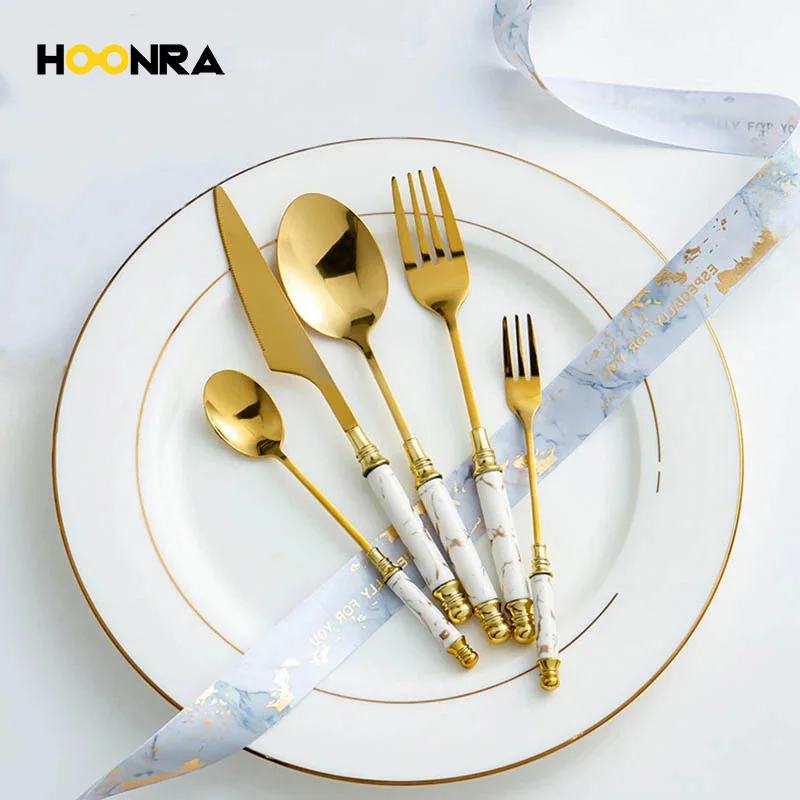 HOONRA 5/30 шт. набор столовых приборов золотистого посуды Нержавеющая сталь стейк на