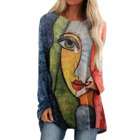 2021 womens loose pullovers long tops ladies tee casual abstract face print shirts long sleeve top fashion t shirt s 5xl black