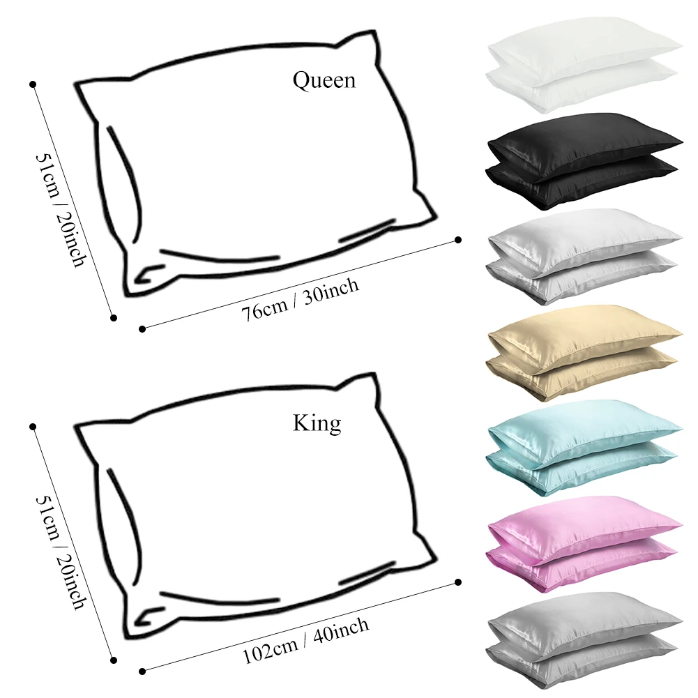 

Queen/KING Silk Satin Pillow Case Bedding Pillowcase Smooth Home White Black Grey Khaki Sky Blue Pink Sliver