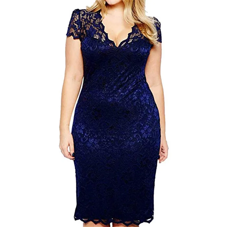 

2022 Plus Size 5xl 4xl 3xl Dresses for Women Sexy V Neck Lace Splice Slim Fit Floral Cocktail Knee Length Dress