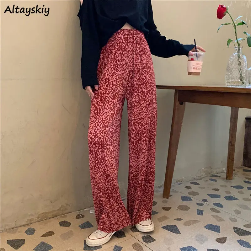 

Casual Pants Pink 2021 Newest Ulzzang Teens Full Length BF Leopard Leisure Straight Trousers College Pantalones Holiday Summer