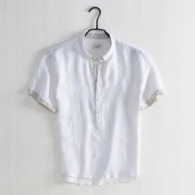 

Summer new linen short-sleeved shirt men's contrast color square collar loose casual breathable thin section cotton white shirt