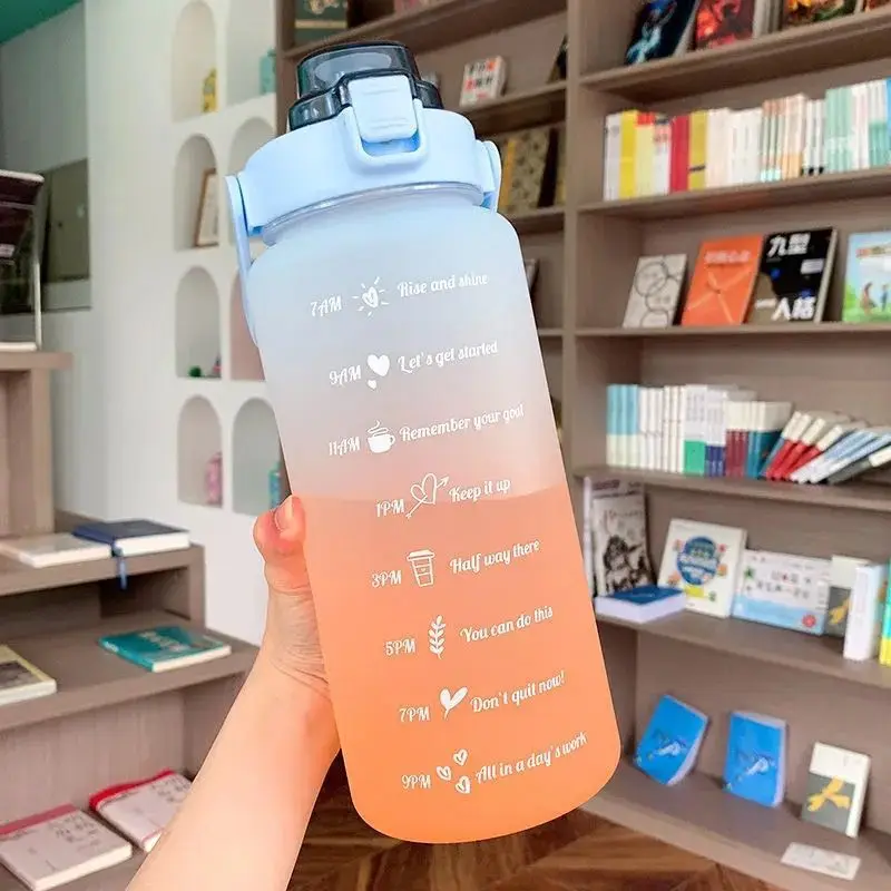2 Liter Large Capacity Free Motivational With Time Marker Fitness Jugs Gradient Color Plastic Cups Outdoor Frosted Water Bottle | Дом и сад