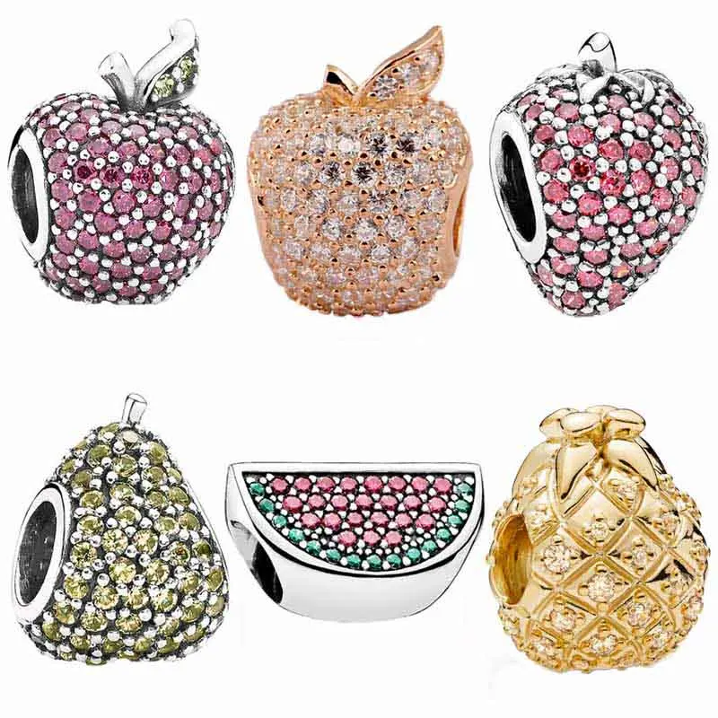 

Pave Apple Watermelon Strawberry Whimsical Pear Pineapple Charm 925 Sterling Silver Beads Fit Fashion Bracelet DIY Jewelry