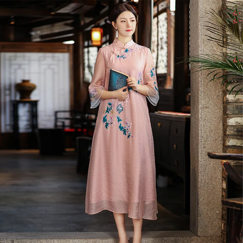 

2021 summer new women's heavy industry flower embroidery A-line dress guzheng performance Hanfu 99727